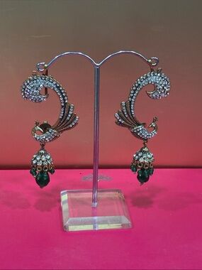 Rhinestone Peacock Drop Earrings with Green Beads